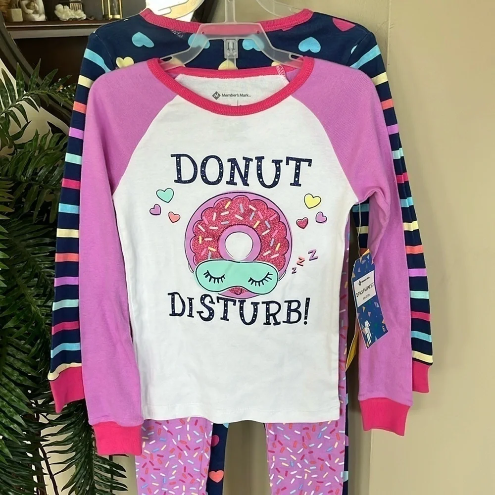 Brand New 2 Pack Pajama Set Donut Stripes Hearts Long Sleeve Top Pants Sleepwear